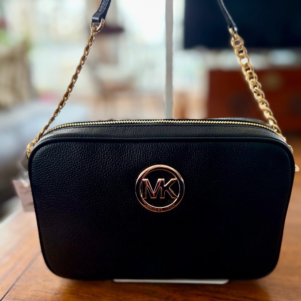 NWT Michael Kors Black Leather Fulton Camera Crossbody Bag